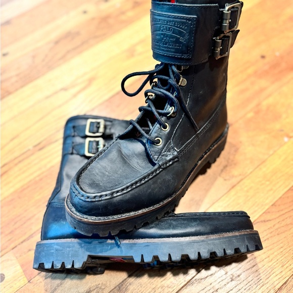 Vintage Polo Ralph Lauren Wolcott Boots Black Oiled Leather with Big Polo Patch - Picture 1 of 9